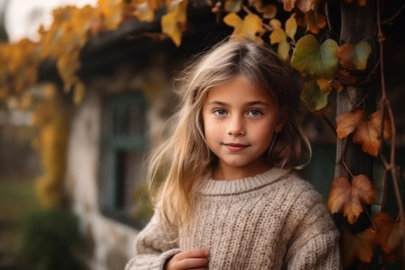 Portrait of a beautiful little girl with blonde hair in a knitted sweater.の素材
