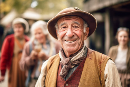 Portrait of happy senior man with group of friends in the backgroundの素材