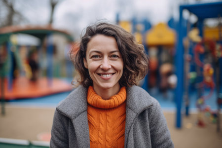 Portrait of a beautiful young woman with curly hair in an orange sweater and a gray coat on the playground.の素材