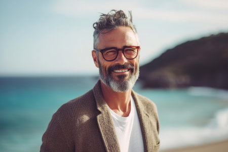 Portrait of handsome mature man in eyeglasses standing on beachの素材