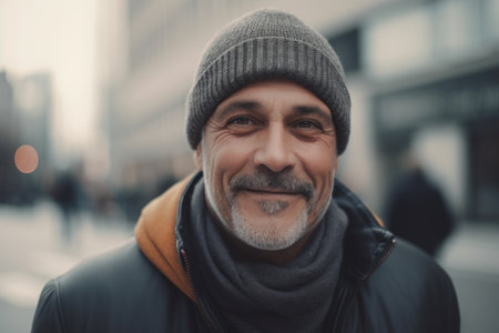Portrait of a handsome senior man with gray beard and hat outdoorsの素材