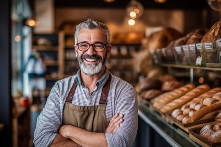 Portrait of mature male baker standing with arms crossed in bakery shopの素材