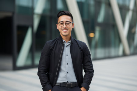 Portrait of a smiling asian business man standing outside office buildingの素材