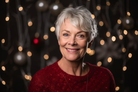 Portrait of a smiling senior woman with christmas lights on backgroundの素材