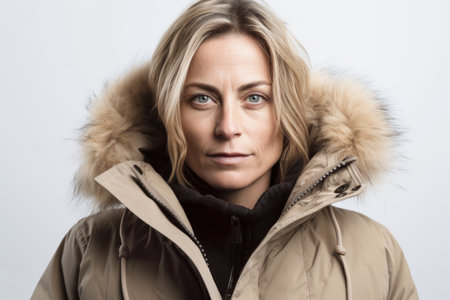 Portrait of a beautiful woman in a winter jacket on a white backgroundの素材