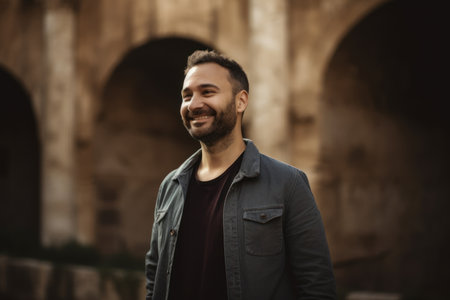 Portrait of a handsome young man with beard and mustache smiling outdoorsの素材