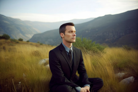 Young business man sitting on the top of a mountain and looking awayの素材