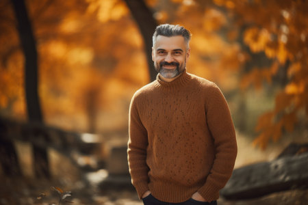 Handsome bearded man in a brown sweater posing in the autumn park.の素材