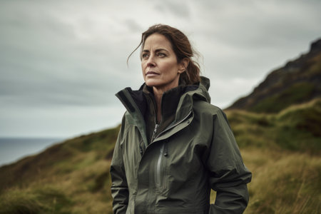 Portrait of a beautiful middle-aged woman with long brown hair, wearing a raincoat and looking away while standing on a hill in Scotland.の素材