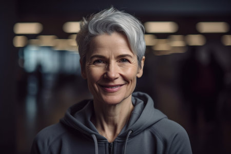 Portrait of senior woman in sportswear smiling at camera in gymの素材