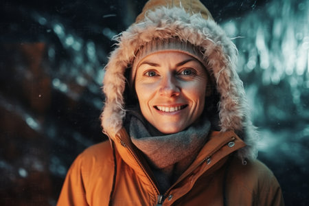Smiling young woman in winter coat and hat looking at camera.の素材