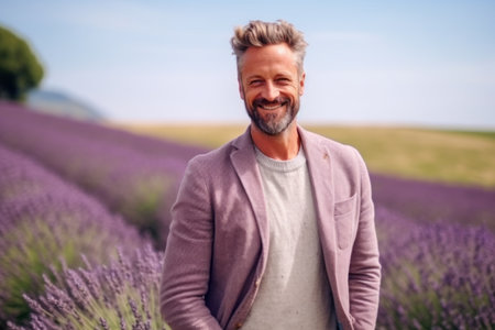 Mature man standing in lavender field, smiling and looking at cameraの素材