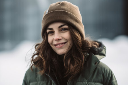 Portrait of a smiling young woman in a hat and coat on a background of winter landscapeの素材