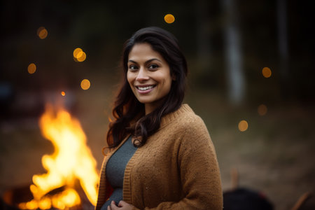 Portrait of a beautiful young woman standing by the fire in autumn forestの素材