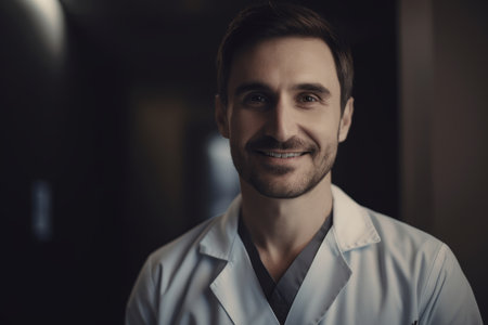 Portrait of handsome male doctor in white coat looking at camera and smilingの素材