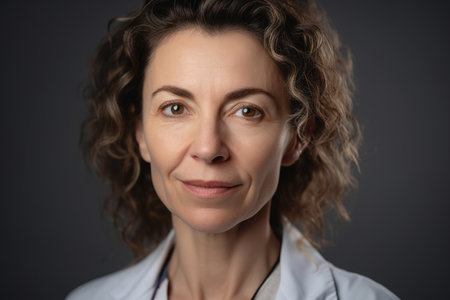 Portrait of mature female doctor with curly hair on gray background.の素材