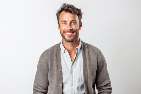 Portrait of a handsome man smiling at camera isolated on a white backgroundの素材