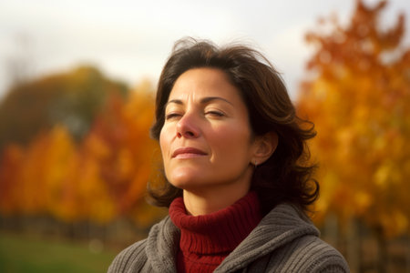 Portrait of a beautiful woman in the autumn park. Soft focus.の素材
