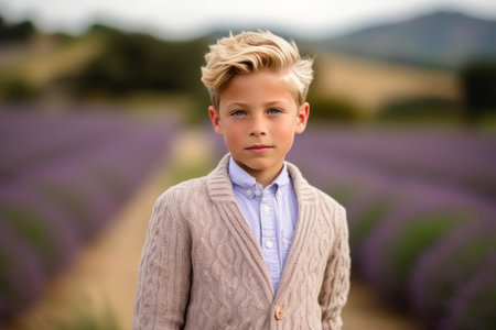 Portrait of a cute young boy in a lavender field.の素材