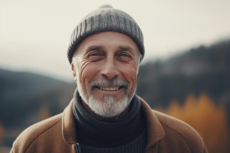 Portrait of a handsome senior man with gray beard wearing a warm hat and coat. He is smiling and looking at the camera.の素材