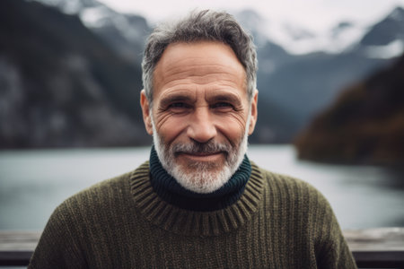 Portrait of a senior man with gray hair and beard in a green sweater on the background of mountains.の素材