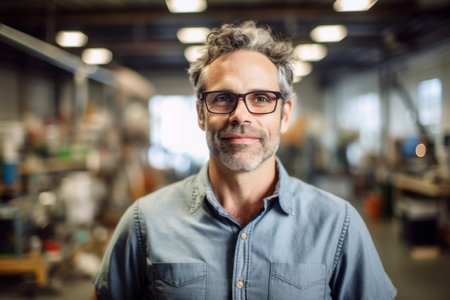 Portrait of confident mature man with eyeglasses standing in factoryの素材