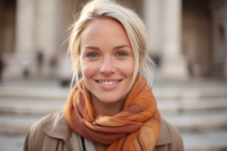 Close up portrait of a beautiful young blonde woman wearing scarf in the cityの素材