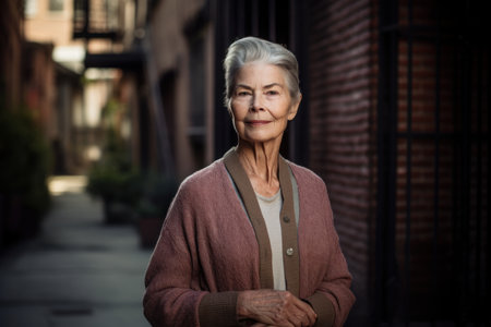 Portrait of smiling senior woman standing in city street with arms crossedの素材
