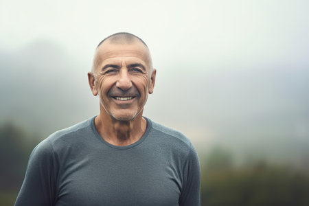 Portrait of a smiling middle-aged man with gray t-shirtの素材