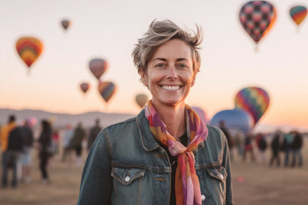 Portrait of smiling woman with colorful hot air balloons in the backgroundの素材