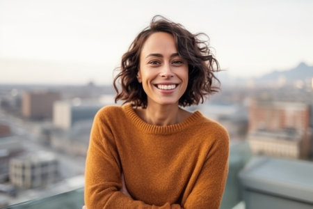 Portrait of a smiling young woman standing on a balcony with her arms crossedの素材