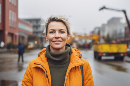 Portrait of a smiling woman in a yellow jacket in a city streetの素材