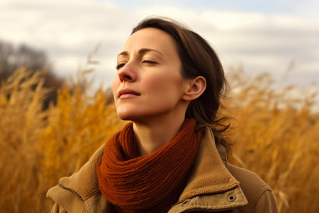 Close up portrait of a beautiful young woman with eyes closed in autumn fieldの素材
