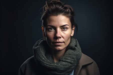 Portrait of a beautiful woman in a coat and scarf on a dark backgroundの素材