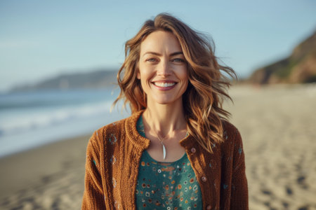 Portrait of smiling young woman standing on the beach at autumn dayの素材