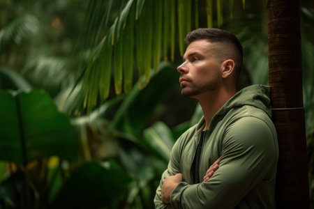 Portrait of a handsome young man standing in the jungle with his arms crossedの素材