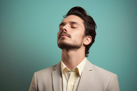 portrait of a handsome young man in a suit with closed eyesの素材