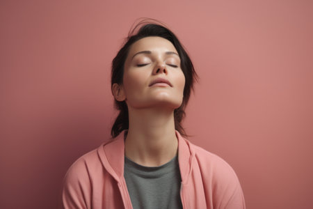 Portrait of a beautiful young woman with closed eyes on a pink backgroundの素材