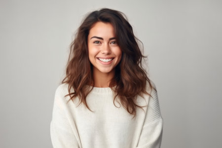 Portrait of a beautiful young woman smiling and looking at camera over gray backgroundの素材