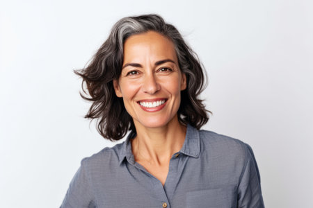Portrait of happy mature businesswoman smiling at camera on white backgroundの素材