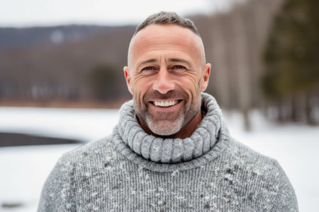 Portrait of a handsome mature man smiling at the camera outdoors in winterの素材