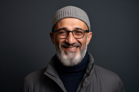 Portrait of a smiling bearded hipster man in a gray hat and coatの素材