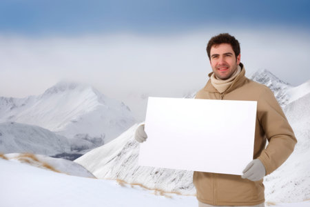 Young man holding a white sheet of paper on the background of snowy mountainsの素材