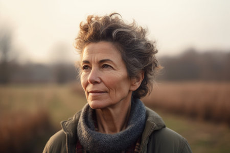 Portrait of a middle-aged woman in a field in autumnの素材