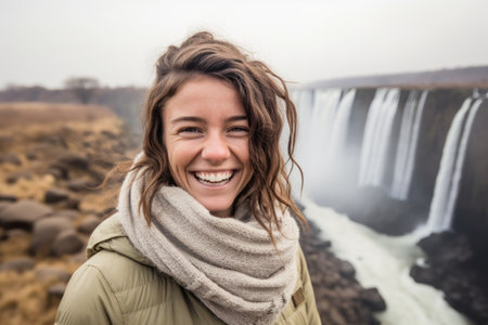 Portrait of a beautiful young woman smiling against a waterfall on a foggy dayの素材
