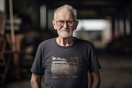 Portrait of an old man with glasses in a dark room.の素材