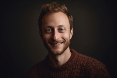 Portrait of a handsome young man in a sweater on a dark background.の素材