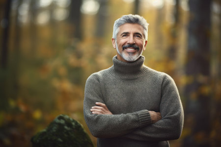 Portrait of a smiling senior man standing with arms crossed in autumn forestの素材