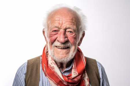 Portrait of an old man with a scarf on a white backgroundの素材