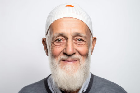 Portrait of a senior man in a white cap on a white backgroundの素材